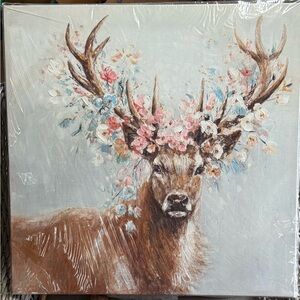 Floral Antler Deer Canvas Wall Art - Pink & Blue Accents
